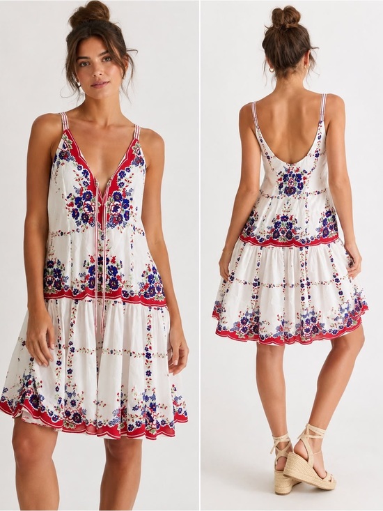 Anthropologie Dresses & Skirts - Anthropologie White Floral Tiered Sundress with Red Trim preloved like new